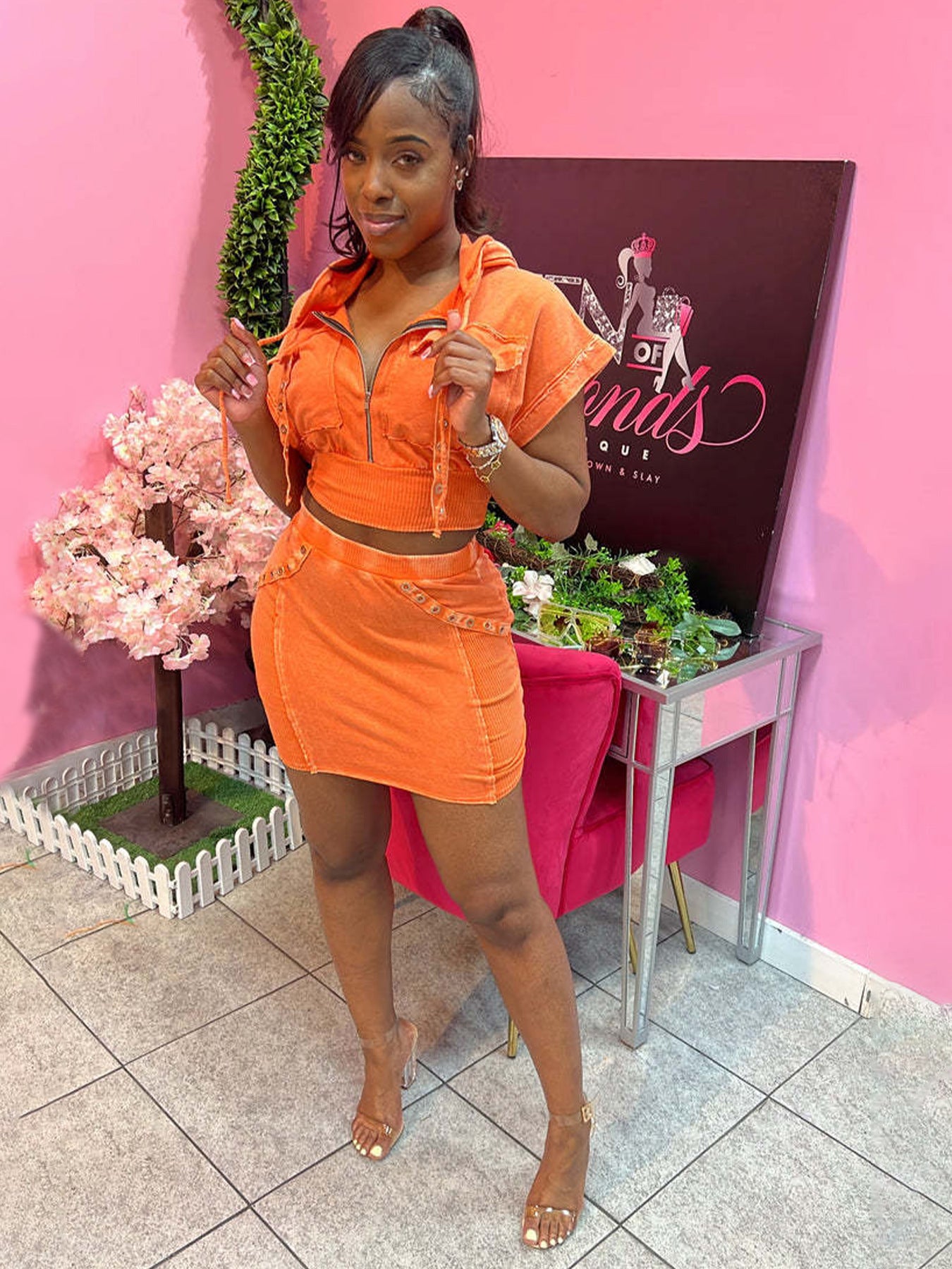 Women Washed Bat Sleeves Hooded Crop Top and Skirt Two-piece Set 5