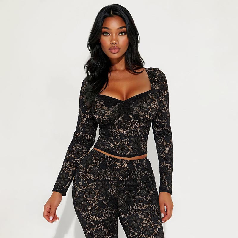 Women's Lace See-Through Long Sleeve Top & Tight Fitting Pants Two-Piece Set 16