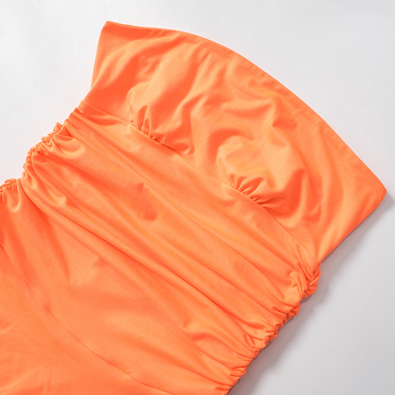 Women Pleated Skirt Solid Strapless Dress 24