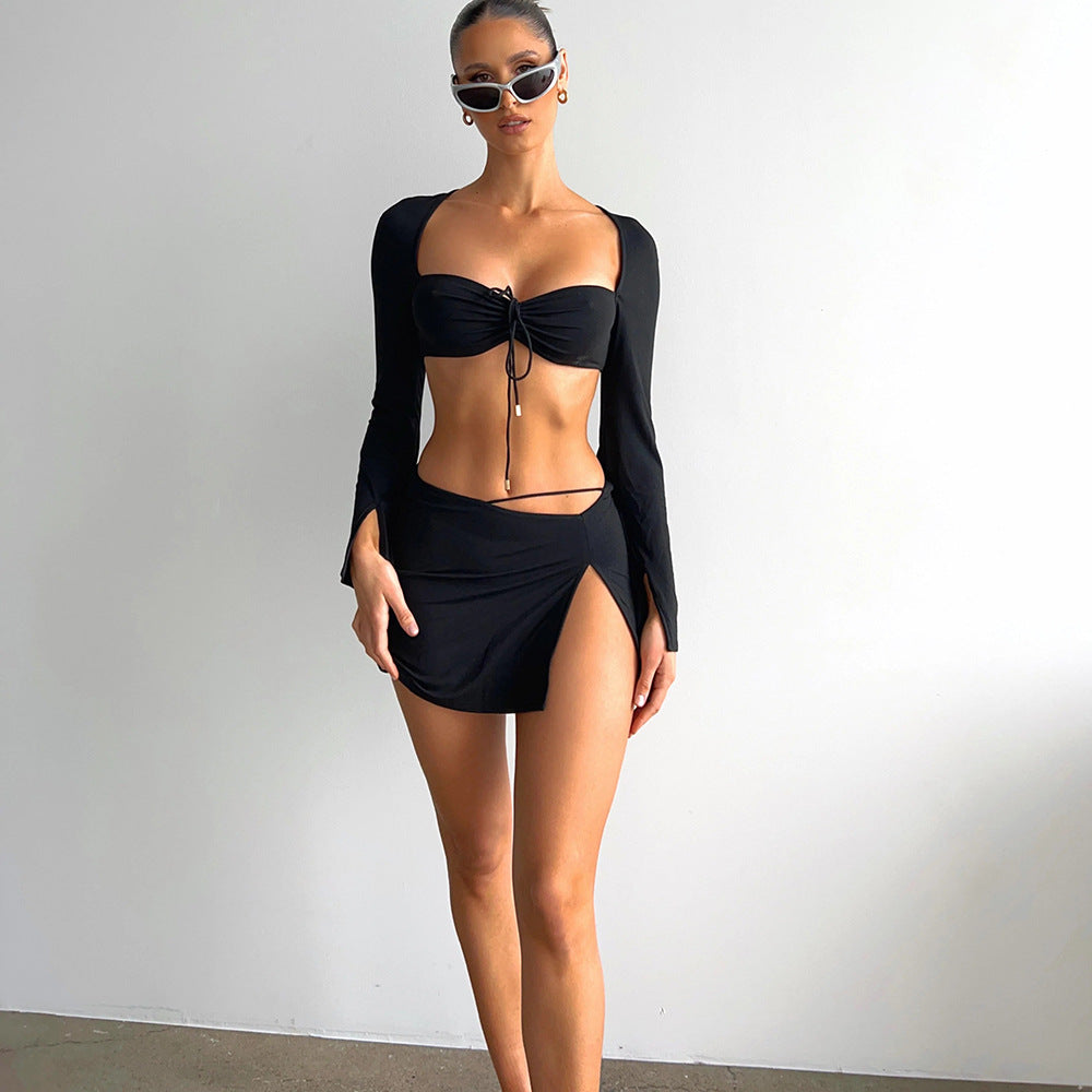 Women Lace-Up Long Sleeve Crop Top And Slit Skirt Two-Piece Set