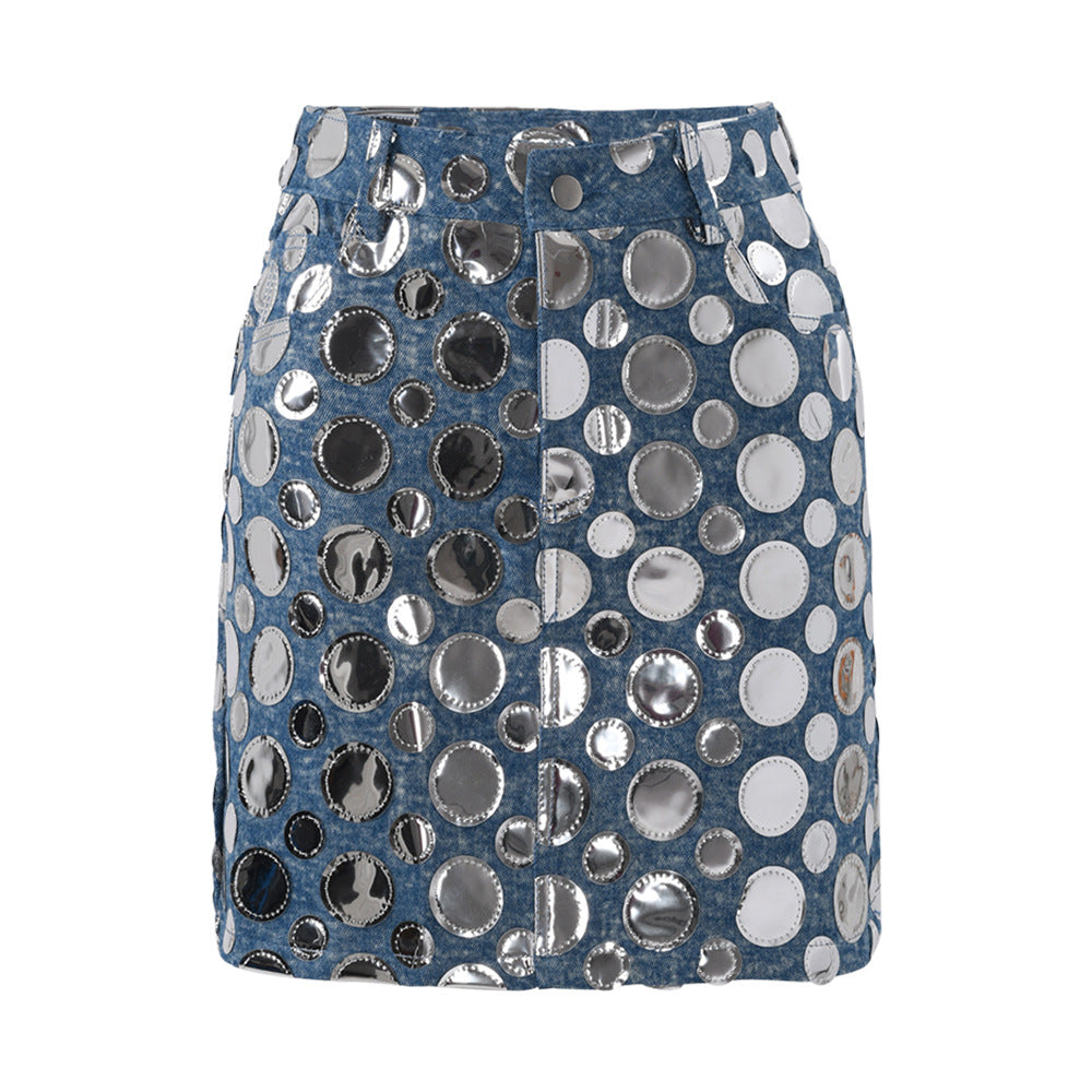 Fashion High Waist Women Summer Sequin Decoration Slim Fit Denim Skirt 7