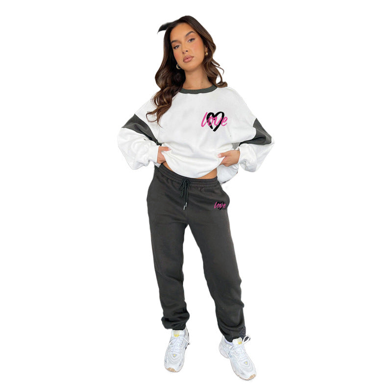 Women Heart Print Color Block Top and Casual Pants Set 14