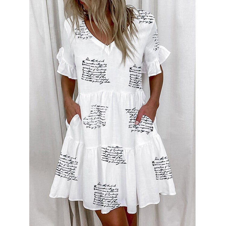 Women Printed Ruffle Pocket Dress