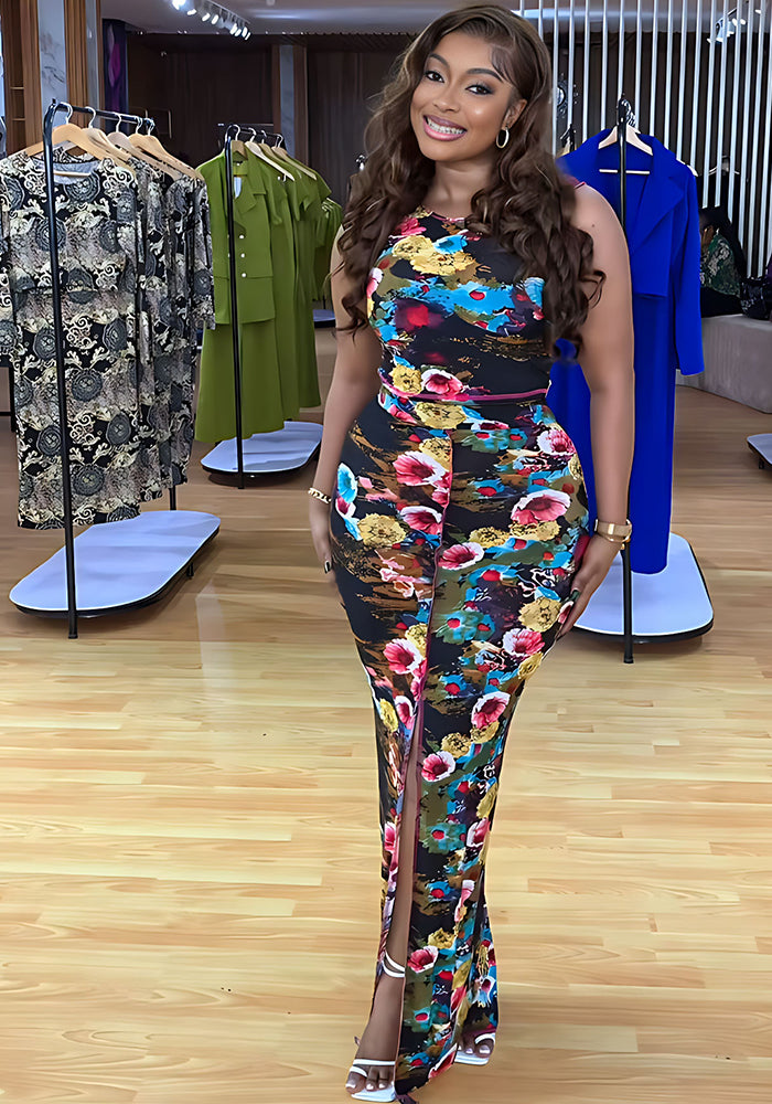 Fashionable floral Tank high-waisted long skirt two-piece set for women
