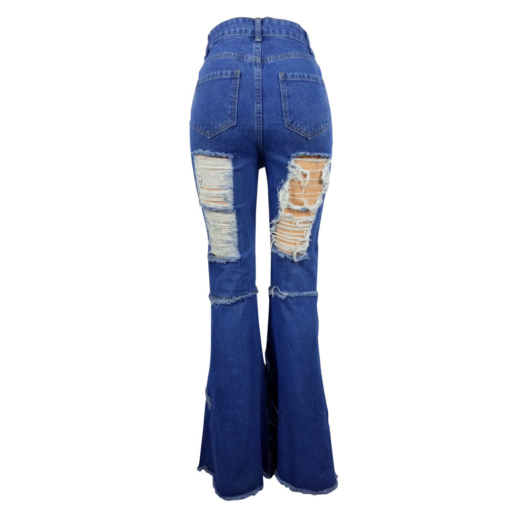 Women's Fall/Winter Style Front And Back Ripped Denim Bell Bottom Pants 9