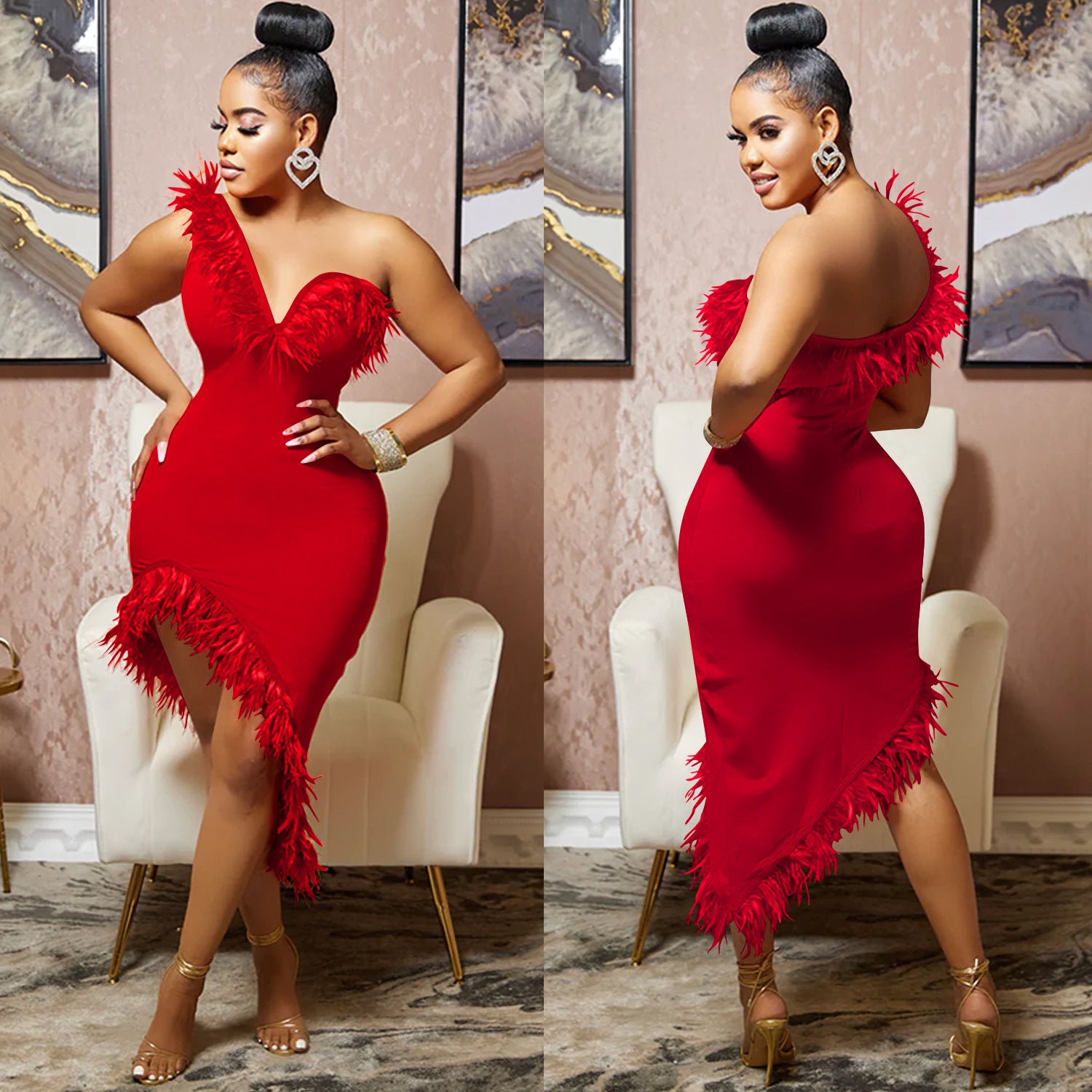 Solid color V-neck sleeveless feather irregular skirt dress 3