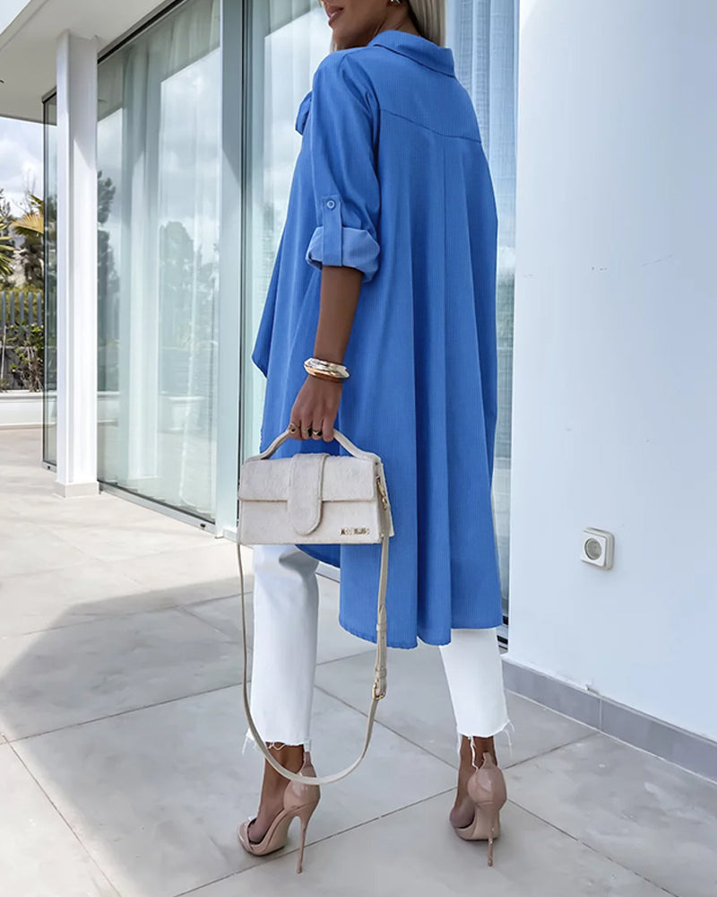 Women's Blue Long-Sleeved Flower Irregular Loose Shirt 6