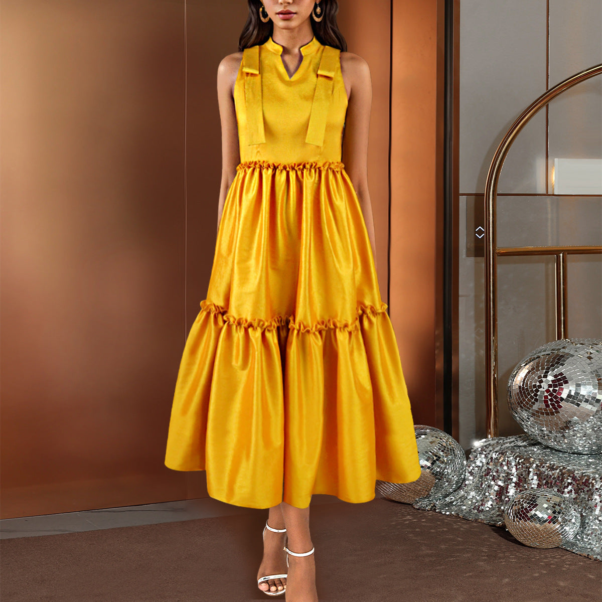 Women Spring Half Open Collar Sleeveless Pleated Dress