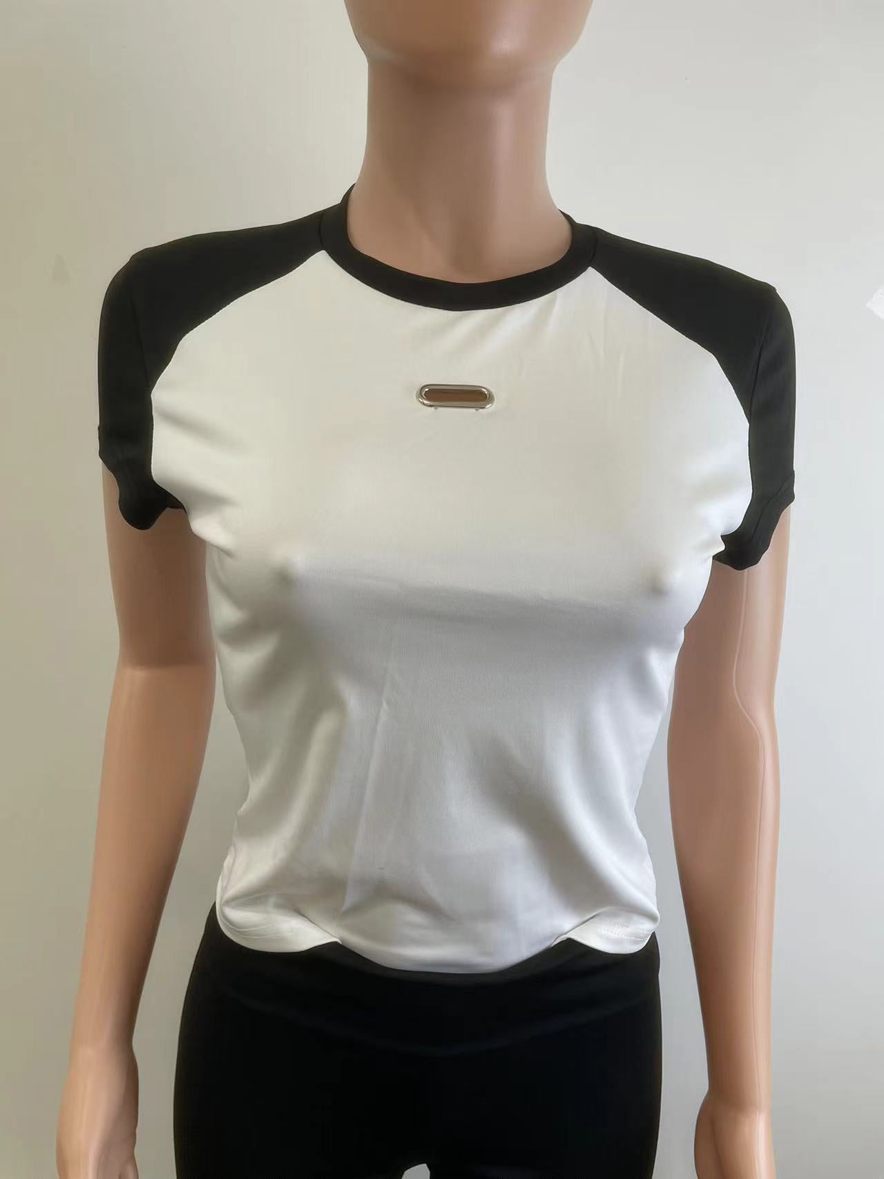 Women's Spring Summer Color Matching Sports Dance Fitness Yoga Short-Sleeved Two-Piece Pants Set 17