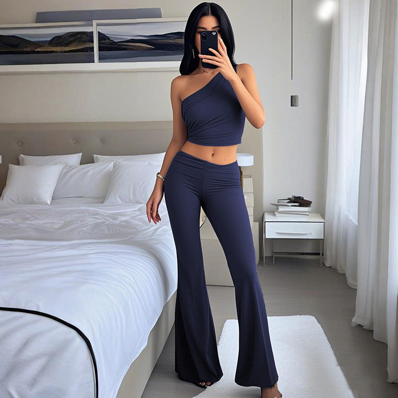 Women Casual Solid One Shoulder Crop Top and Pants Two-piece Set 3