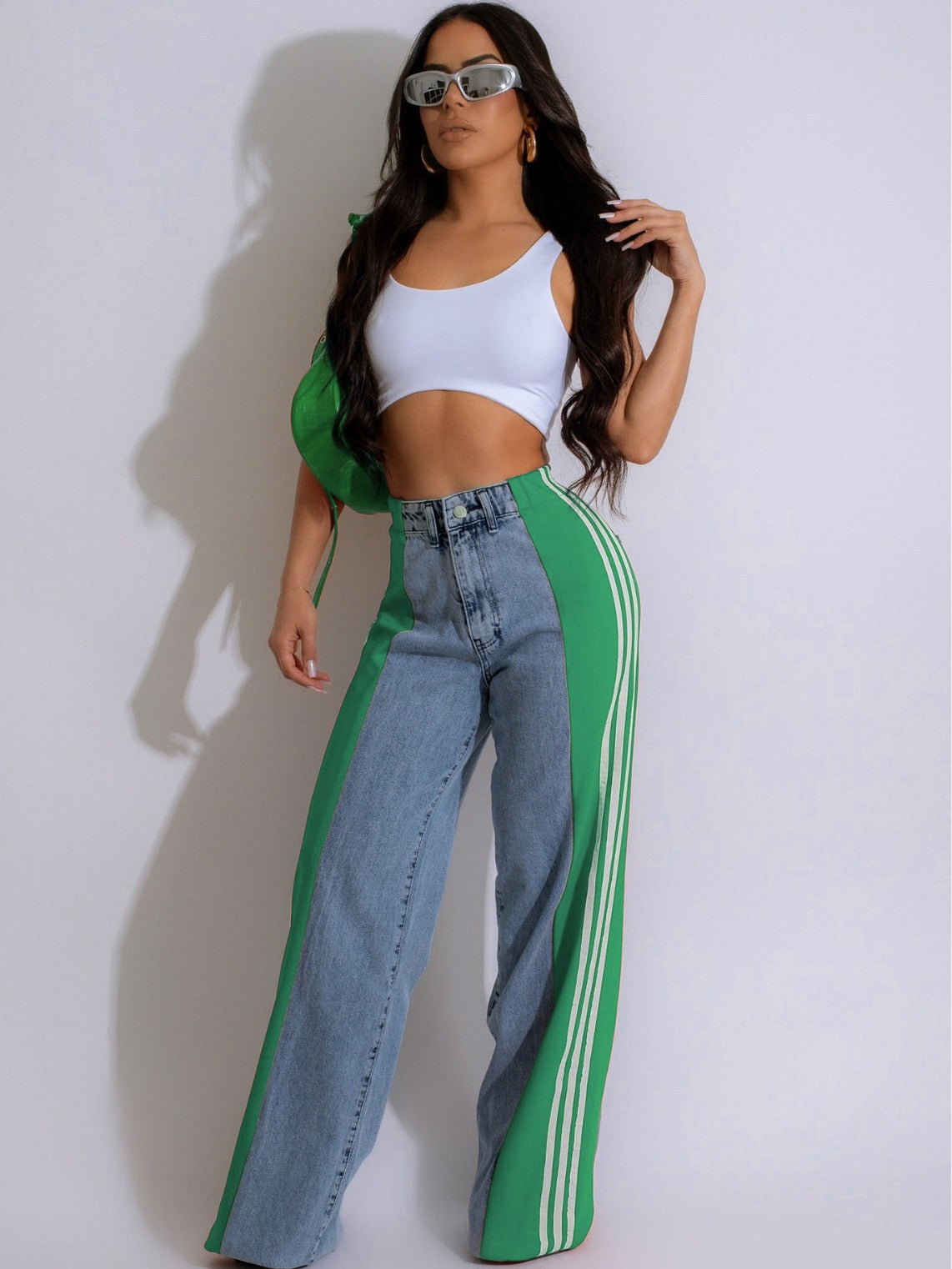 Summer Fashion Patchwork Three Stripes Wide Leg Denim Pants Women's Casual High Waist Stretch Straight Jeans 15