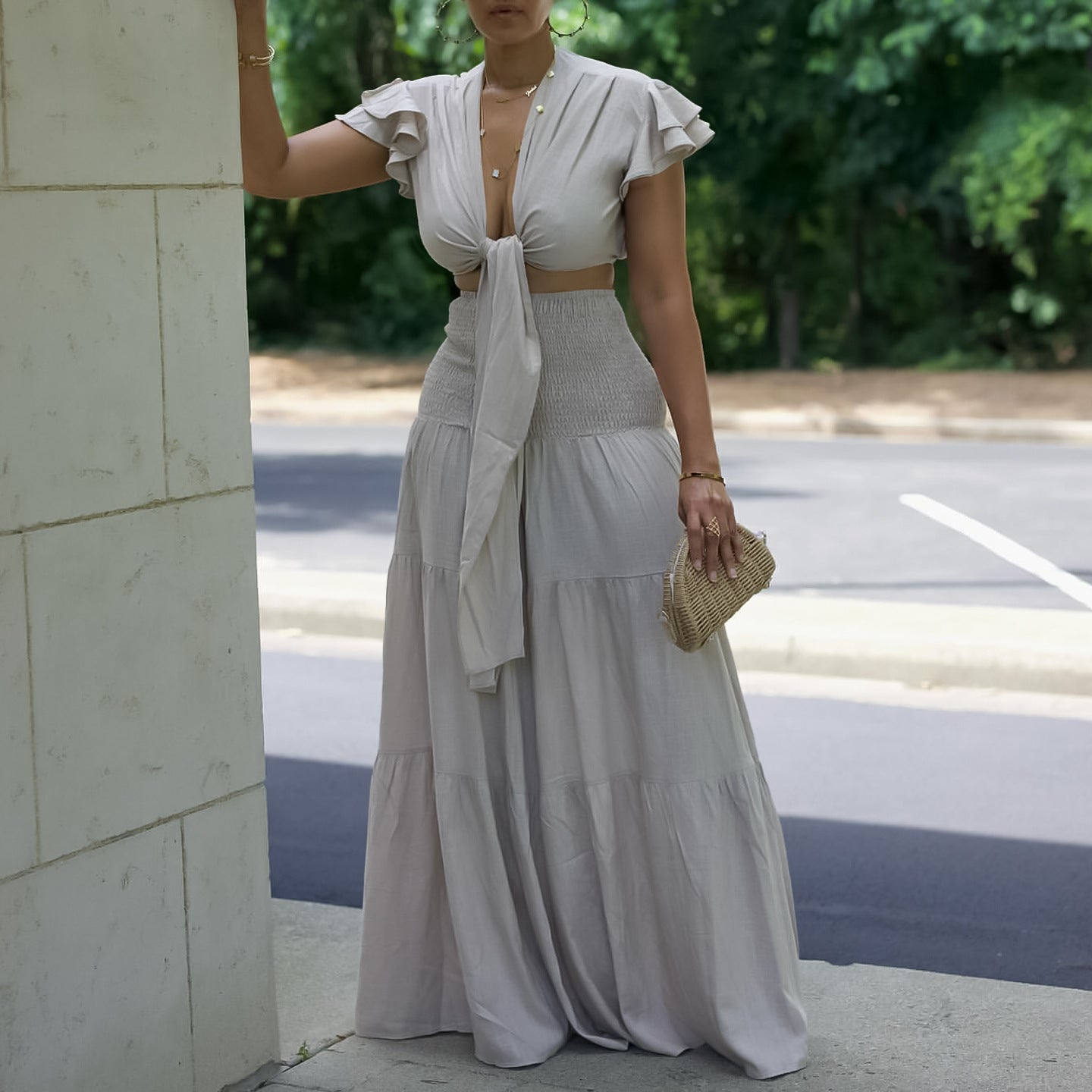 Plus Size Women Short Sleeve Lace-Up Top And Wide Leg Pants Two-Piece Set 3