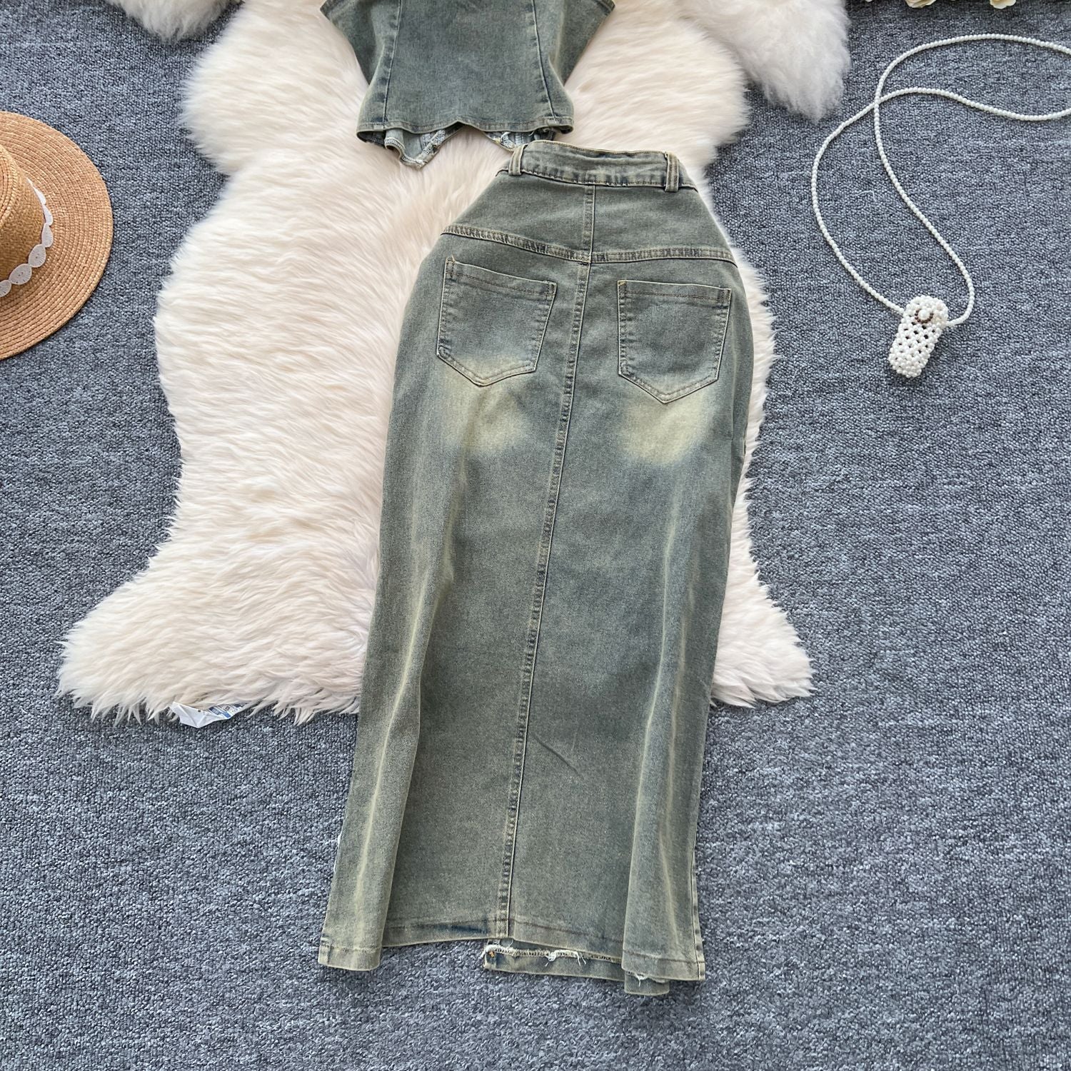 Turn Down Collar Distressed Denim Halter Top Slit Skirt Set 17