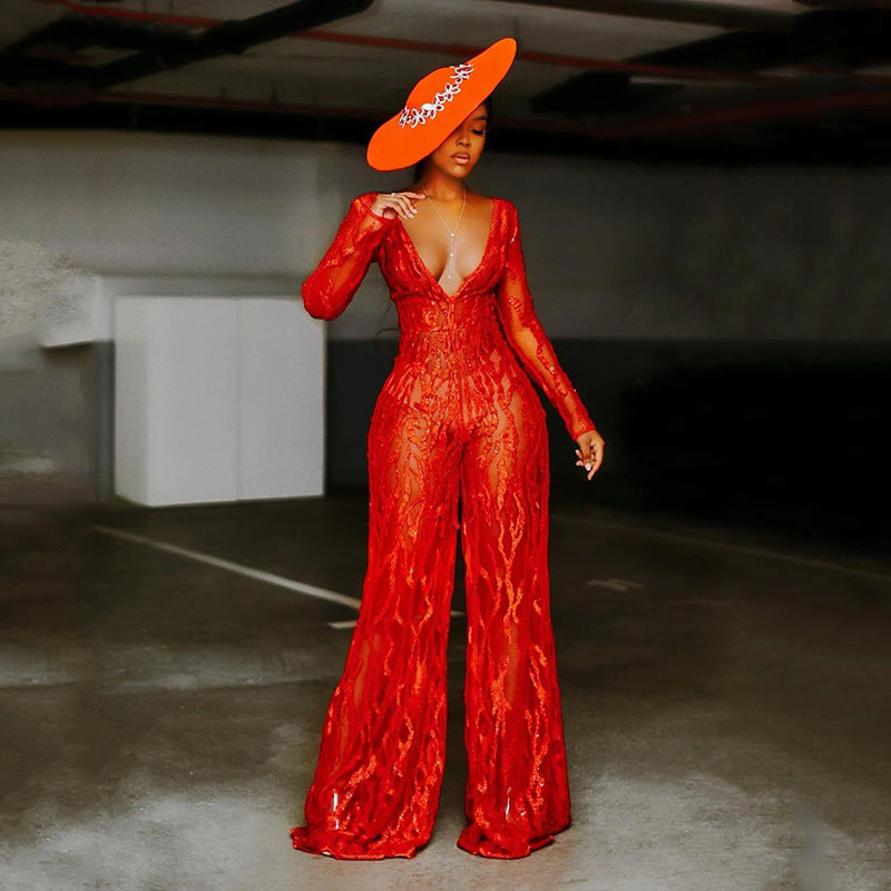 Women Sequin Halter Neck Red Flame Jumpsuit 3