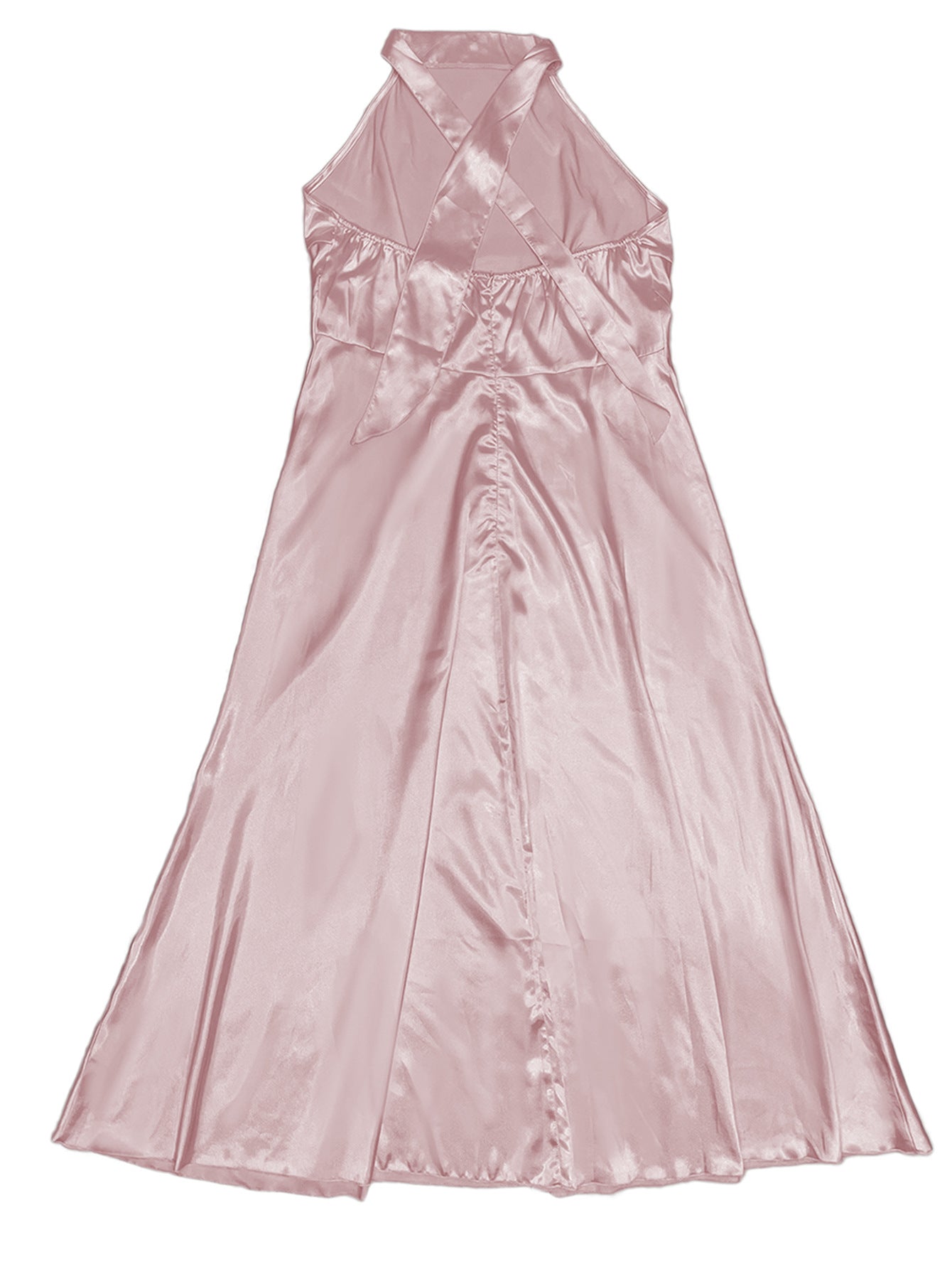 Pink Long Ball Gown Satin Halter Neck Low Back Evening Dress 6