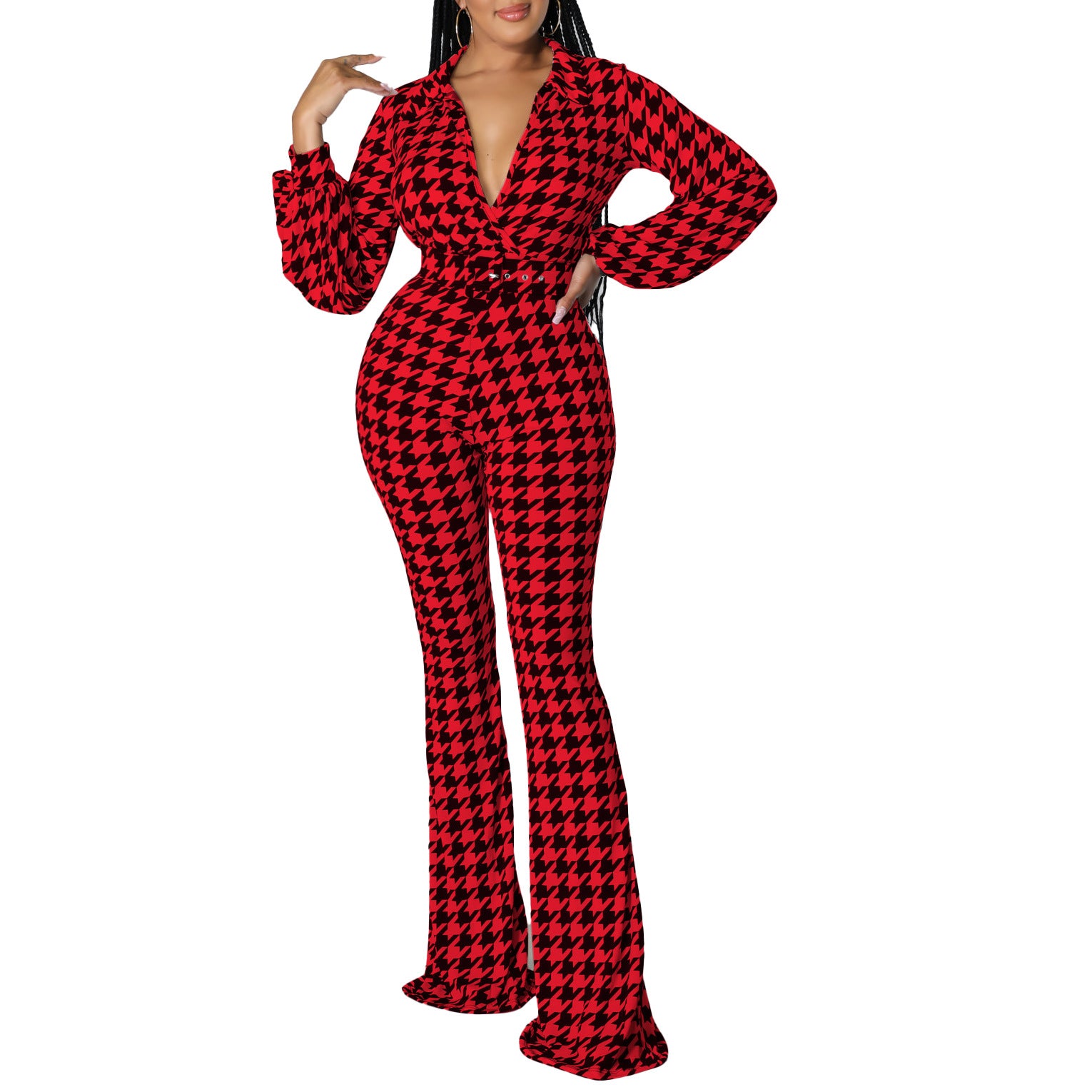 Women's Autumn and Winter V-neck Puff Sleeve Slim Waist Printed Wide Leg Plus Size African Jumpsuit 8