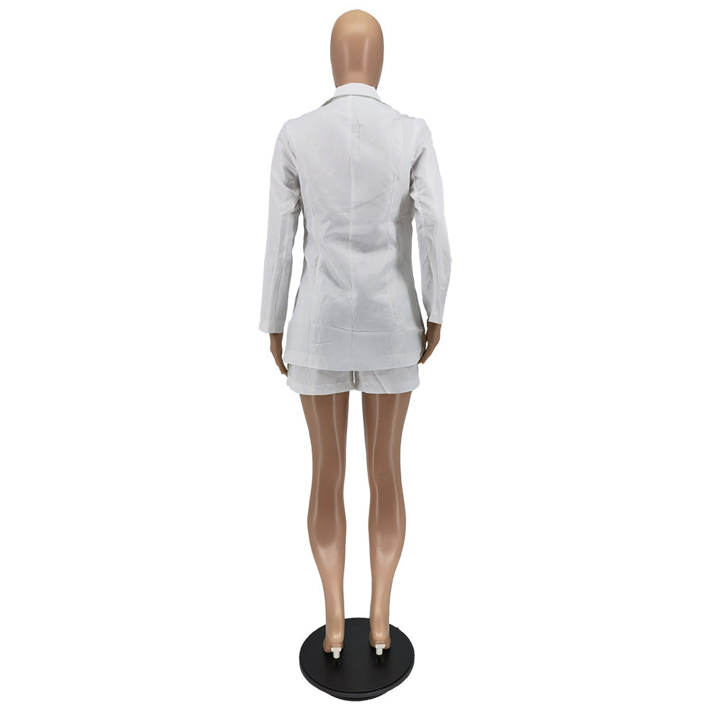 Women Solid Blazer and Shorts Two-Piece Set with Belt 32