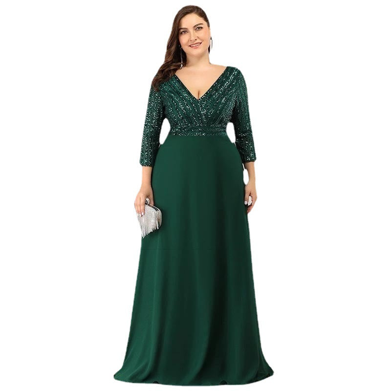 Plus Size Evening Dress Elegant Sequin Half-Sleeve Sexy V Neck Chiffon Swing Party Dress For Women 9