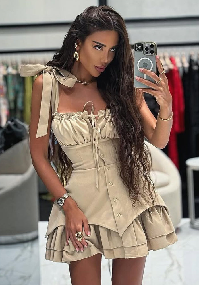 Women Summer Bow Tie Buttoned Irregular Strap Dress