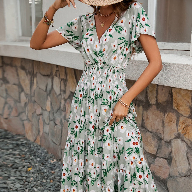 Summer V-Neck Short-Sleeved Print Cotton Dress Women's Fashion Chic Slim Waist Slim Fit Long Dress 6