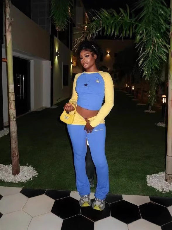 Women's Autumn Contrast Color Round Neck Slim Long Sleeve Two Piece Pants Set 9