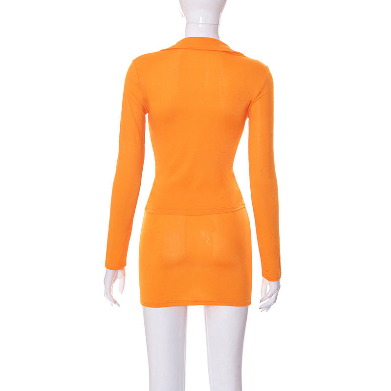 Women's Autumn Solid Turn-Down Collar Long Sleeve T-Shirt Bodycon Skirt Two-Piece Set 6