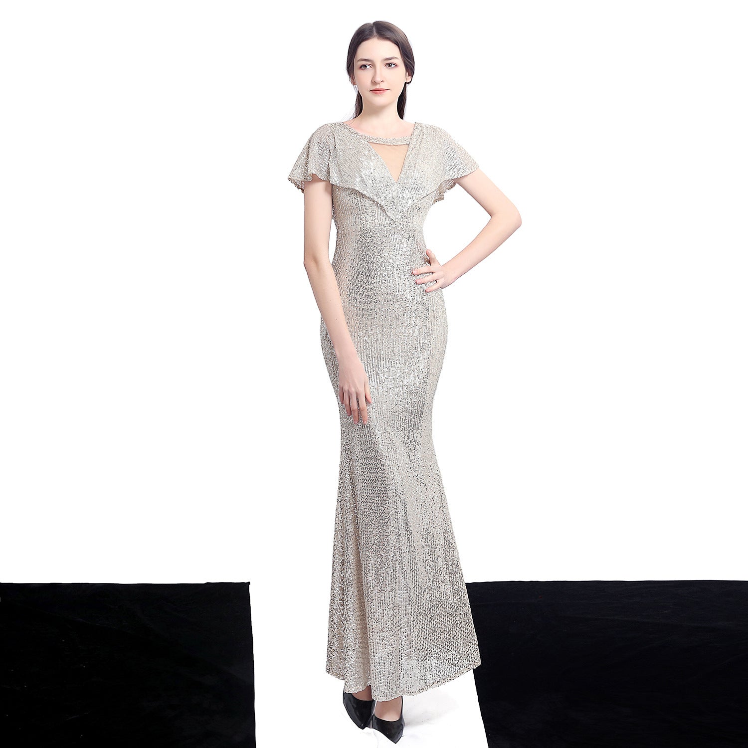 Women Short Sleeve Sequined Formal Party Elegant Mermaid Skirt Maxi Evening Dress 7