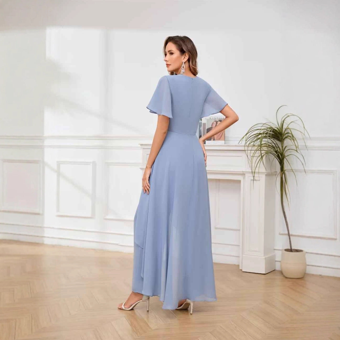 V-Neck Mother's Dress Solid Color Pants Two-Piece Set 12