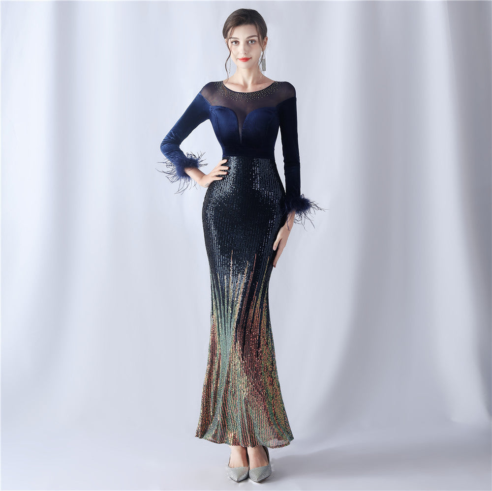Women Gradient Beaded Velvet Evening Dress 8