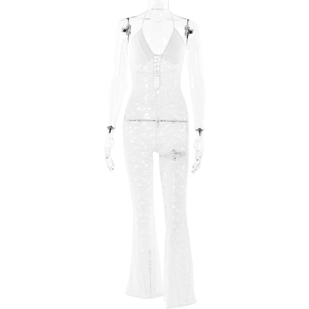 Spring Sexy Fashion See-Through Hollow Lace Low Back Halter Neck Slim Women's Summer Jumpsuit 13