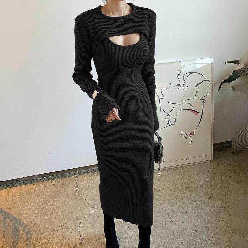 Women sexy hollow long-sleeved Top and slit suspender dress two-piece set 3