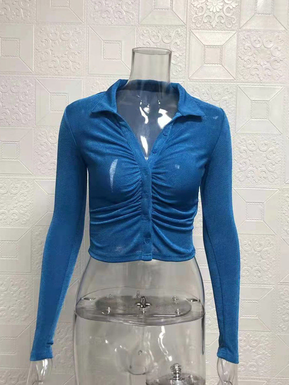 Women Sexy Pleated Turndown Collar Long Sleeve Shirt 6