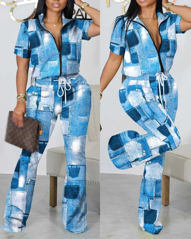 Women Spring Summer Fashion Print Zipper Top and Pant Two-Piece Set 10