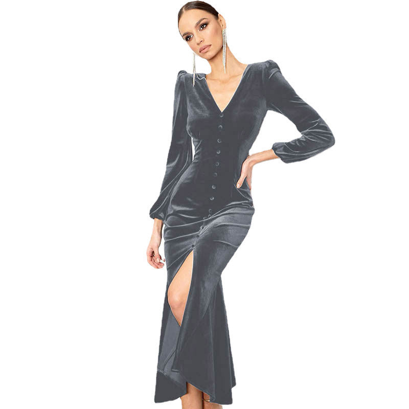 Women Autumn Knittingv Collar Solid Padded Shoulder Long Sleeve Slit Evening Dress 14