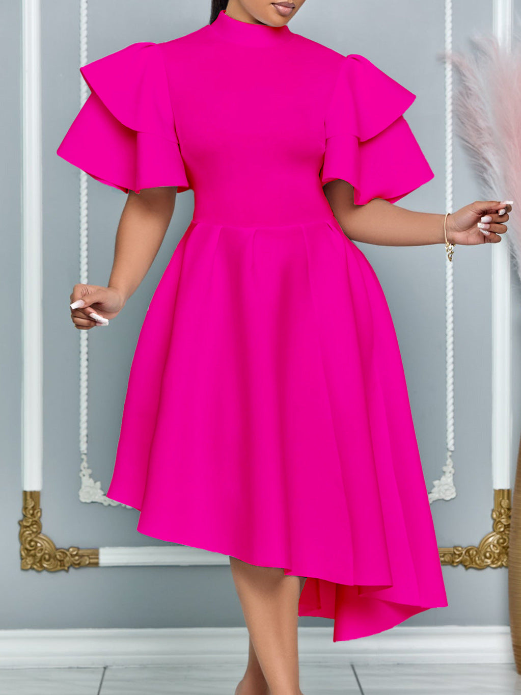Summer Fashion Chic Bell Bottom Sleeve Solid Color Formal Party Bridesmaid African Dress 6