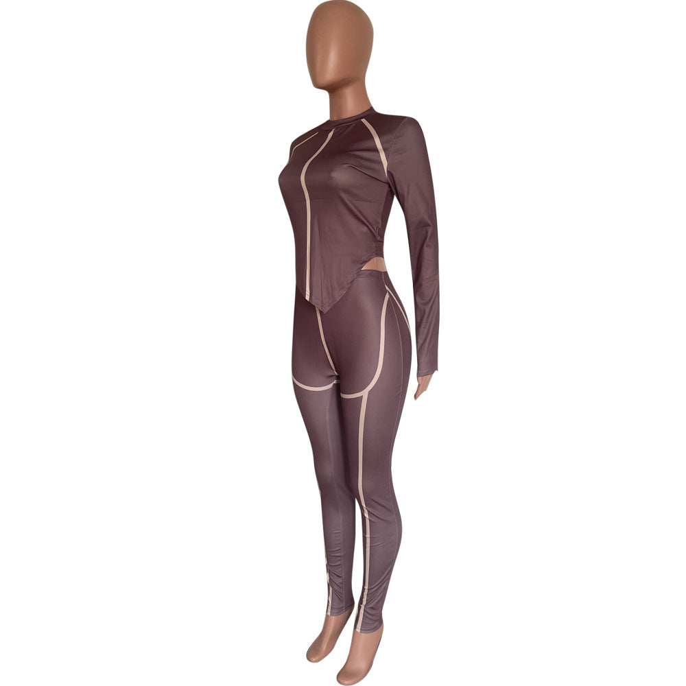 Women's Fashionable brown sexy tight fitting long sleeve Top and pants two-piece set 6