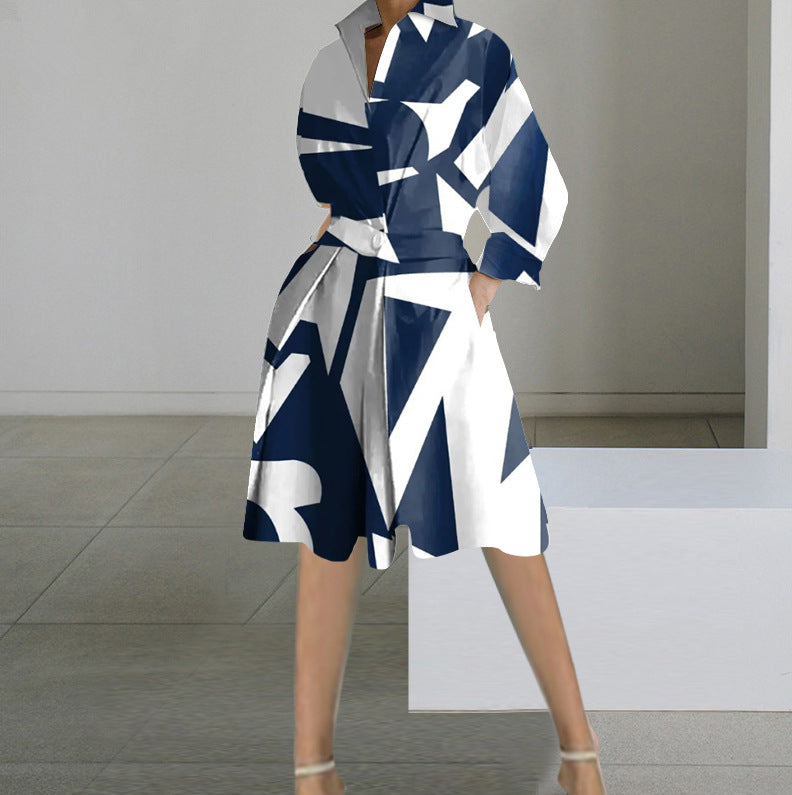 Women Autumn Long Sleeve V-Neck Printed Dress 5