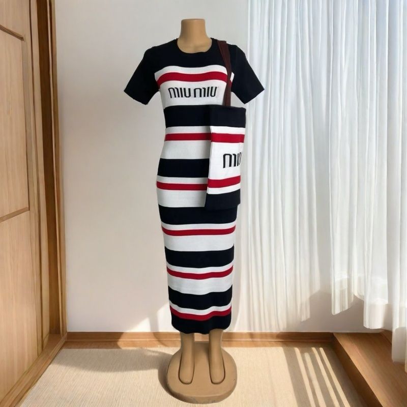 Color Block Striped Knitting Short Sleeve Summer Casual Long Dress(With Bag） 4