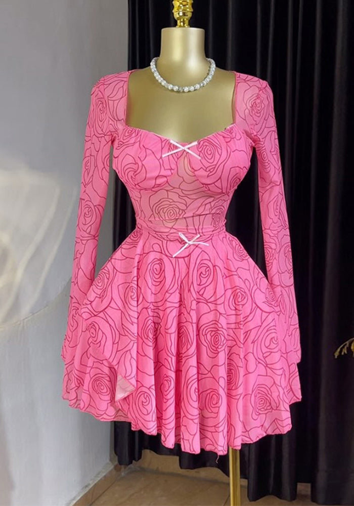 Women's Summer Chic Sweet Square Neck Bow Long Sleeve Asymmetrical Dress