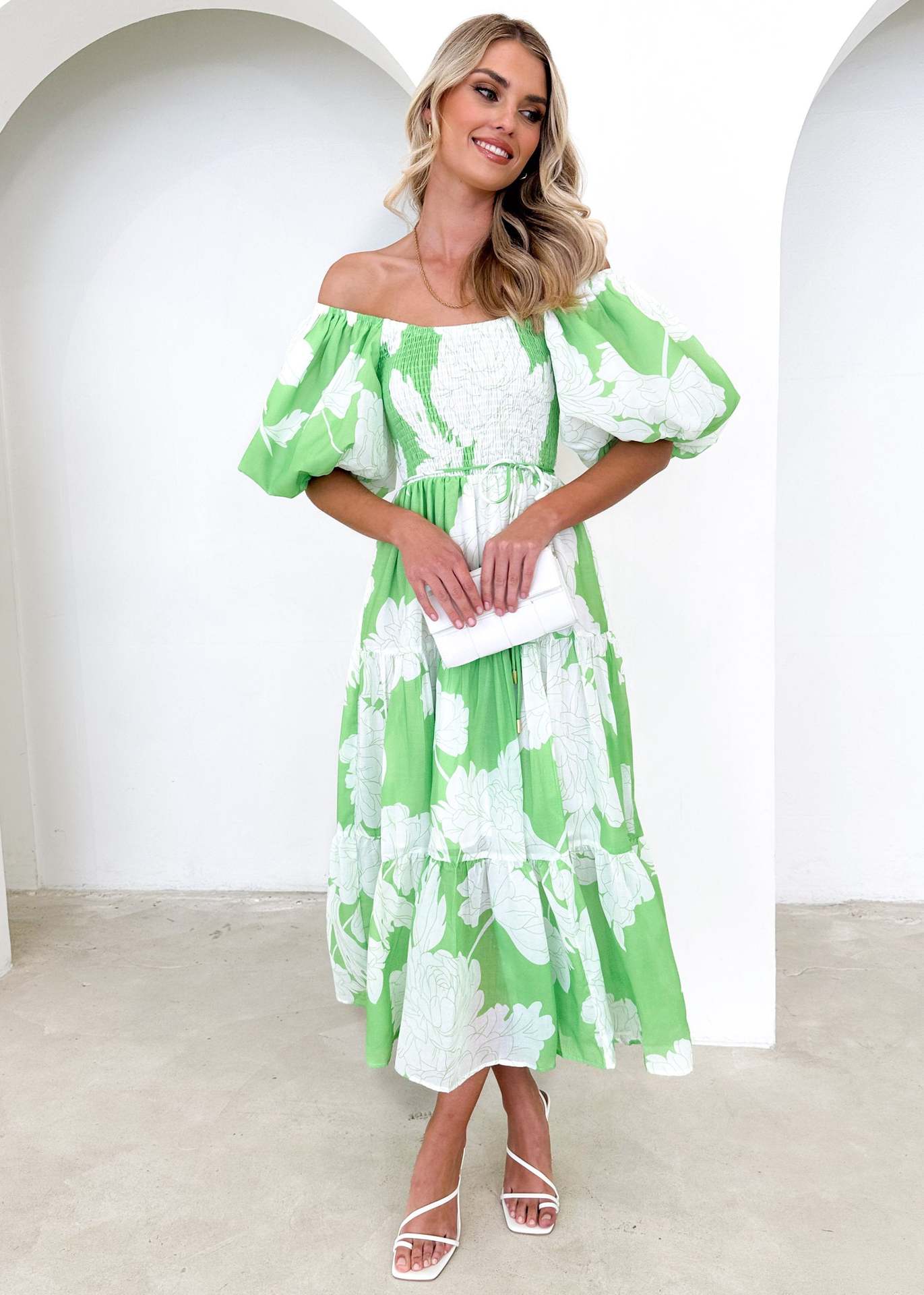 Women Elegant Print Off Shoulder Puff Sleeve Dress 15