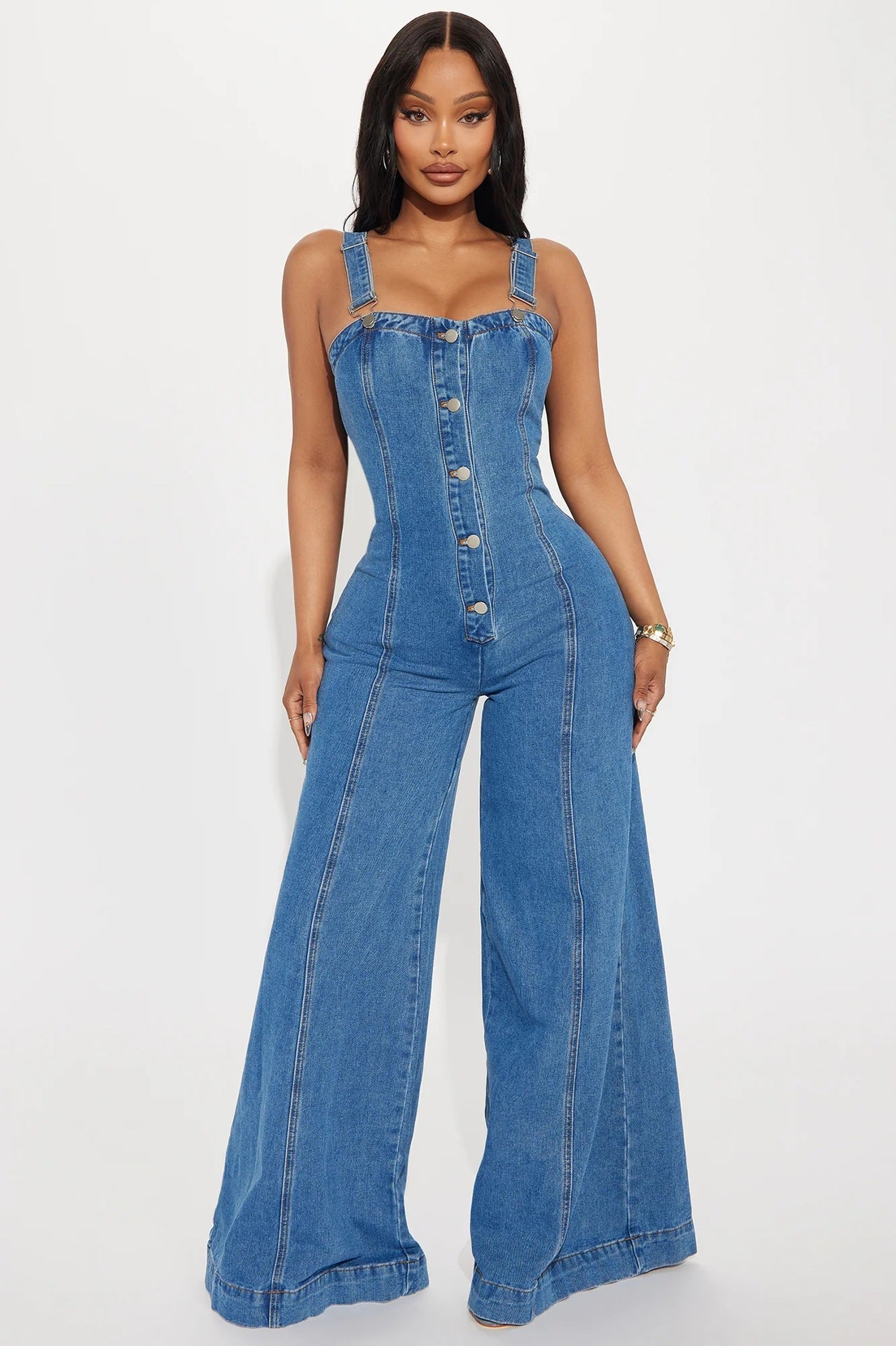 Women Fashion Casual Sexy Strap Wide Leg Denim Jumpsuit 3