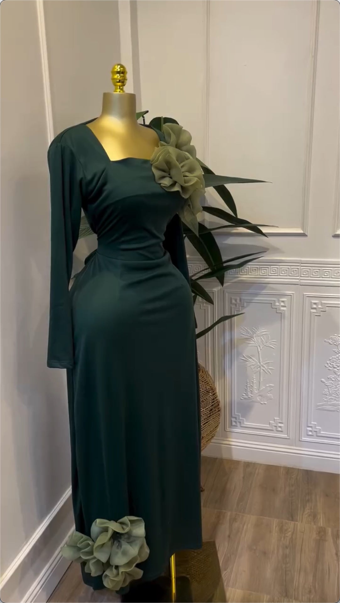 Women's Spring Chic Elegant Square Neck Flower High Waist Slim Fit long Dress