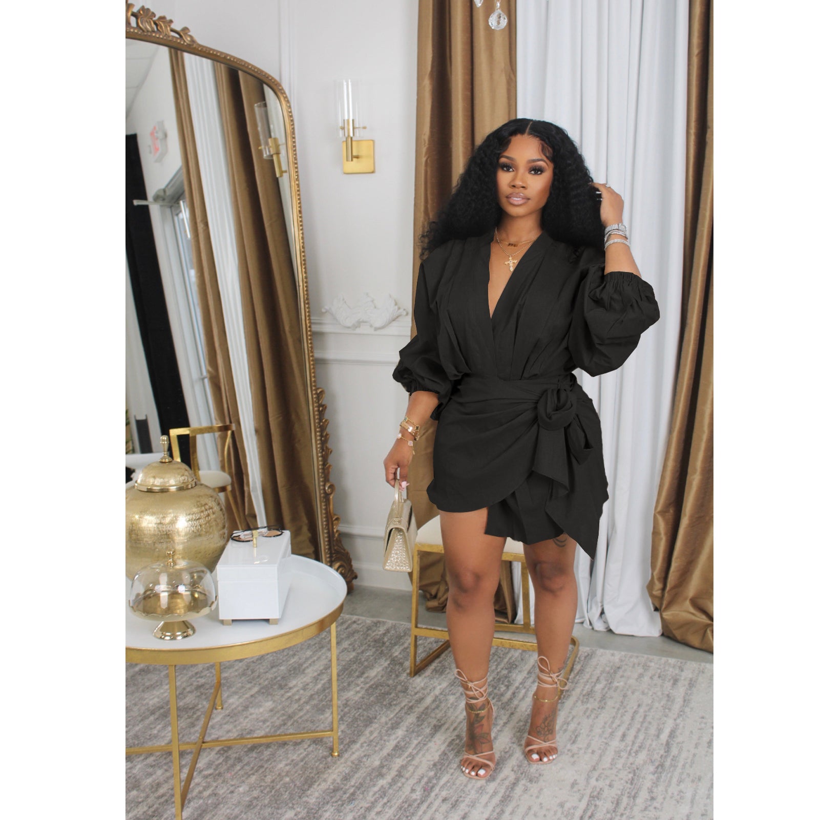 Women V-neck Lace-Up Long Sleeve Dress 5