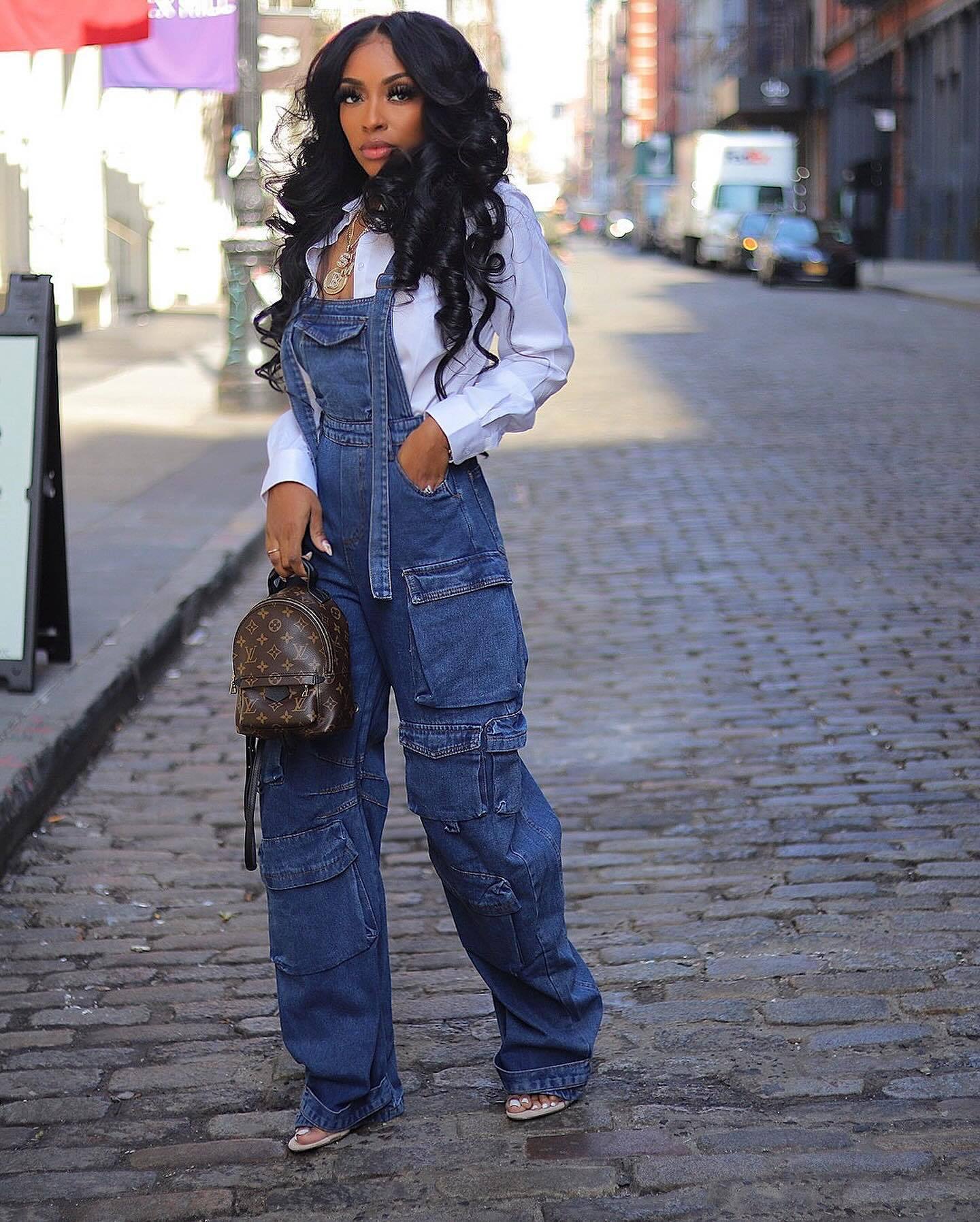 Women style washed Denim loose cargo overalls 5