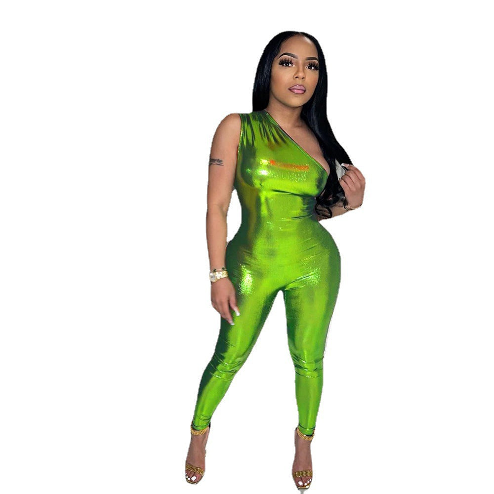 Sexy One Shoulder Solid Color Sleeveless Slim Fitted Pu Leather Jumpsuit 11