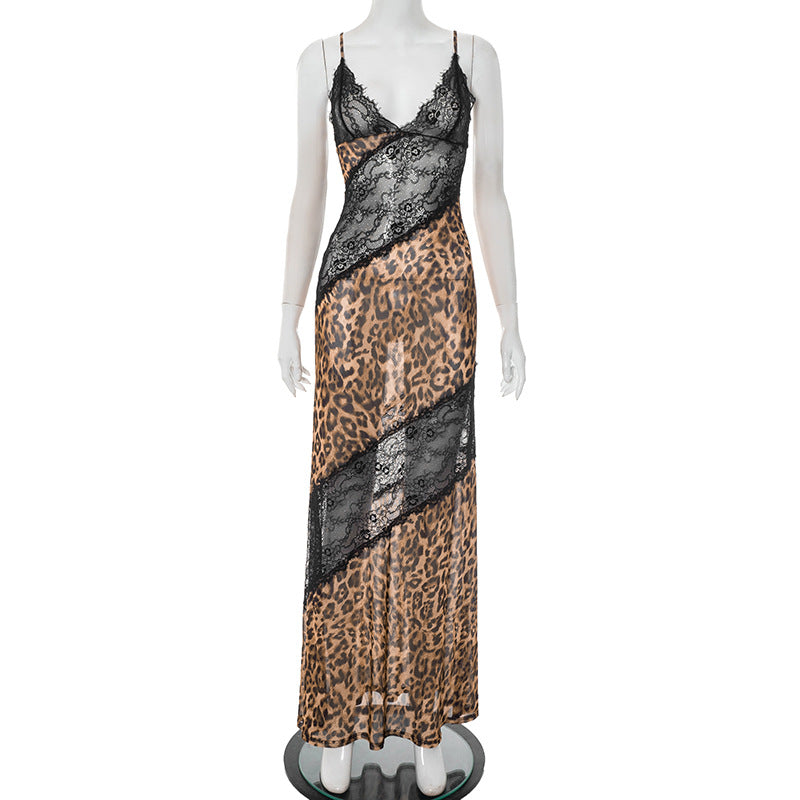 Women Leopard Print Patchwork LaceV Neck Strap Fishtail Maxi Dress 6