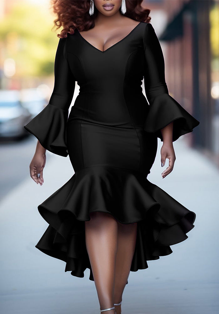 Plus-Size Women Bell Bottom Sleeve V-Neck Sexy Fishtail Bodycon Dress