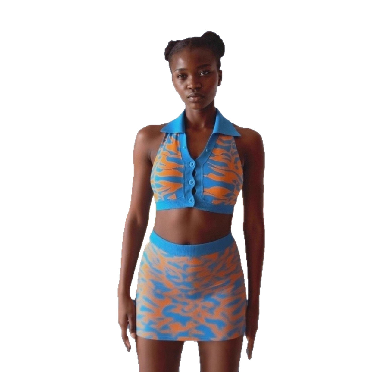 Women tiger print V-neck Halter neck backless top and bodycon skirt two-piece set 8