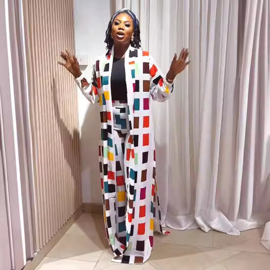 Women Casual Printed Slit Robe and Pant Two-piece Set 4