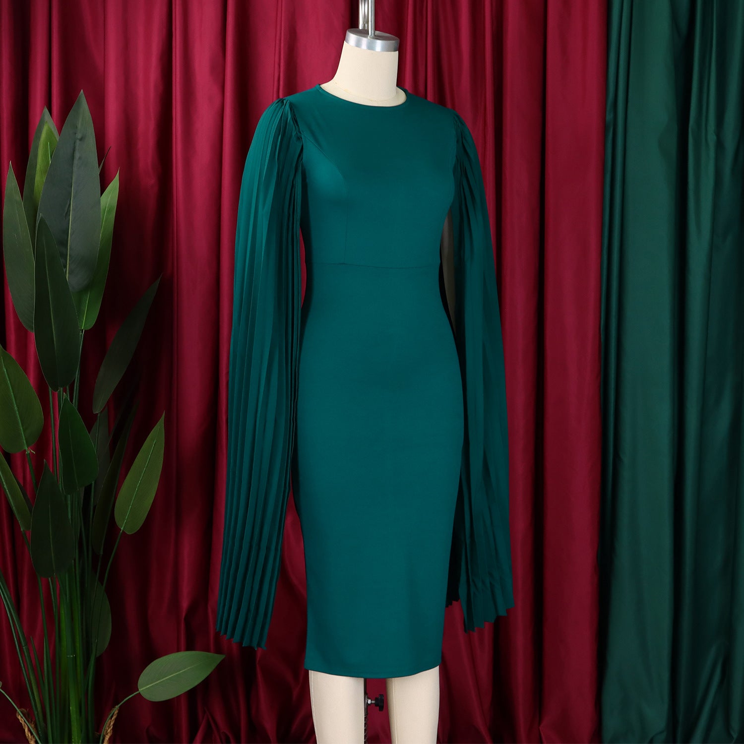 Women's Fashion Solid Color Round Neck Pleated Shawl Sleeve Formal Party Evening Dress 26